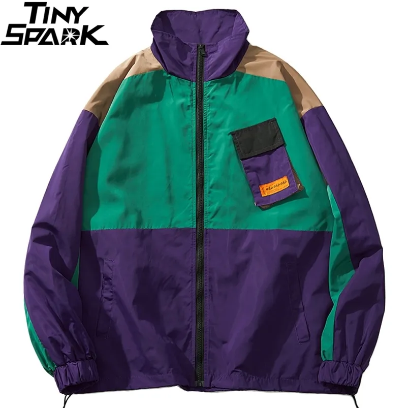 Männer Hip Hop Streetwear Jacke Mantel Retro Farbe Block Patchwork Harajuku Jacke Windjacke Übergroße Track Jacke Tasche Herbst 210819