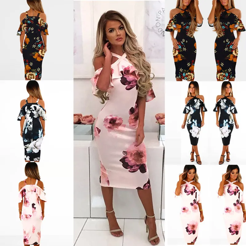 Ny 2019 Vårs sommarklänning Kvinnor Tryckt Sling Cross Klänning Casual Short Sleevele Elegant Ruffle Package Hip Dress Vestidos X0521