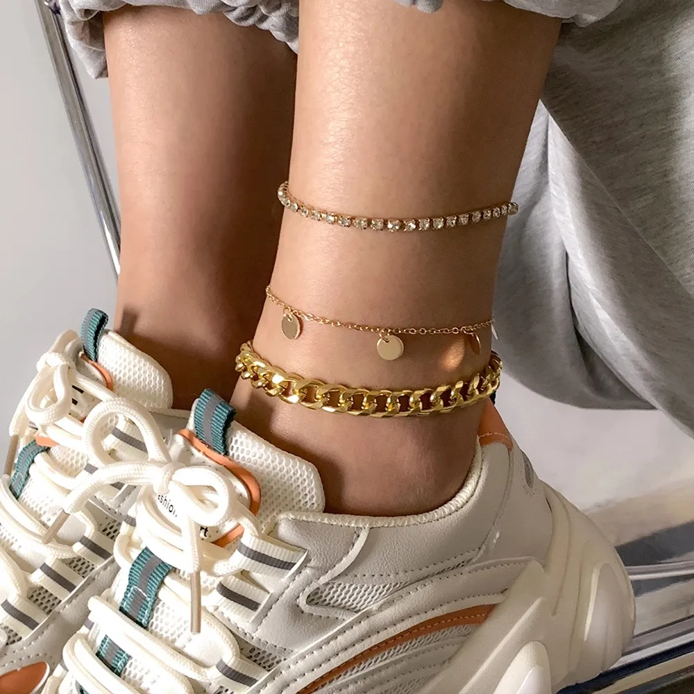 Mode glänsande kristall sequins anklets för kvinnor bijoux boho kvinnlig tennis kedja anklet ankel armband hand smycken gåva