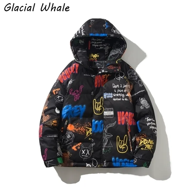 GlacialWhale doudoune hommes hiver Graffiti veste à capuche coupe-vent manteau Streetwear surdimensionné Hip Hop noir veste pour hommes 211204