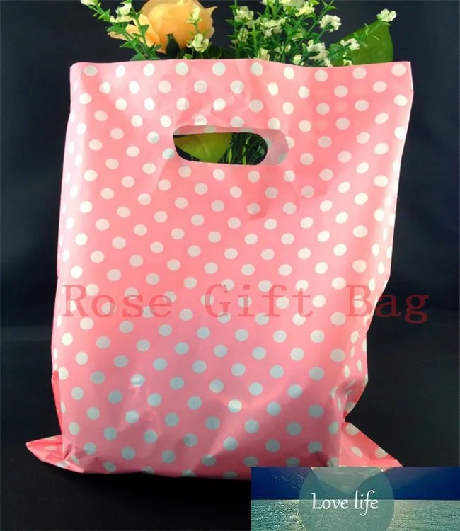 Großhandel 50 teile/beutel Weiß Runde Punkte Rosa Kunststoff 25x35 cm Einkaufen Schmuck Verpackung Kunststoff Geschenk Tasche Mit Griff