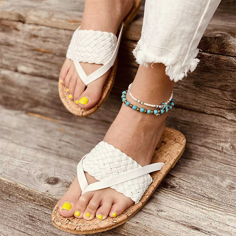 2021 Kobiety Splot Flip Flop Summer Woman Otwarte Palec Pantofle Damskie Plaża Buty Mody Kobiet Szycie Obuwie Plus Rozmiar 43 Y0731