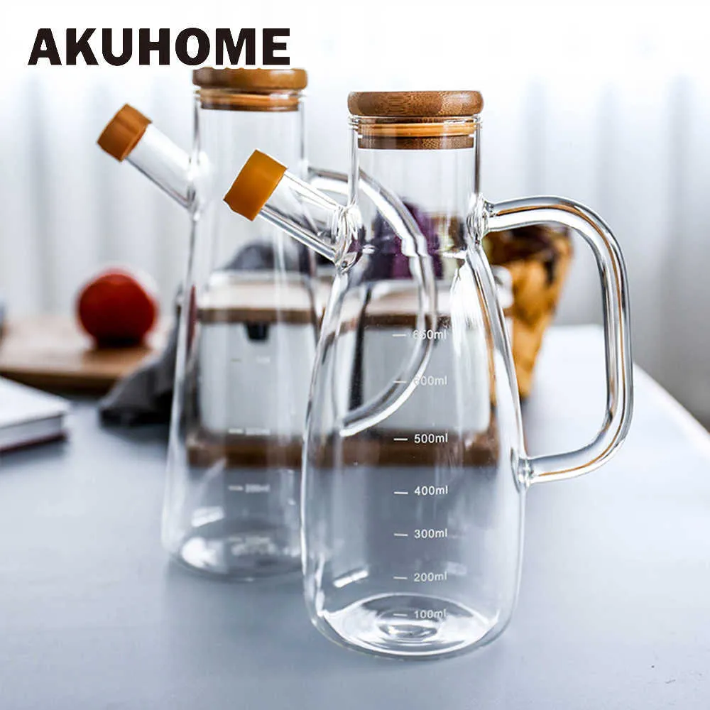 Transparent Glass Oil Bottle with Handle Scale Heat-resistant Lecythus Kitchen Tools Soy Vinegar Sauce Container