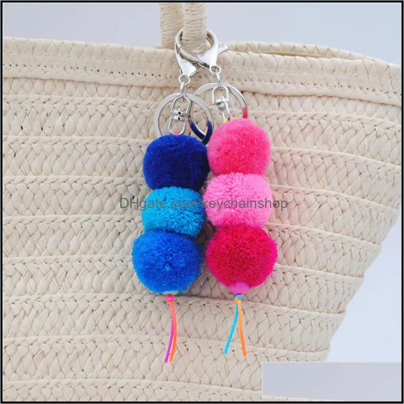 1pc Gradient Color Ball Keychains Pompon Keyring Charm Women Bag Pendant Summer Jewelry