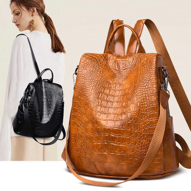 Vintage Crocodile Pattern Backpacks Luxury Women Leather Anti Theft Backpack Female Large Capacity Multifunction Design Backbag Q0528