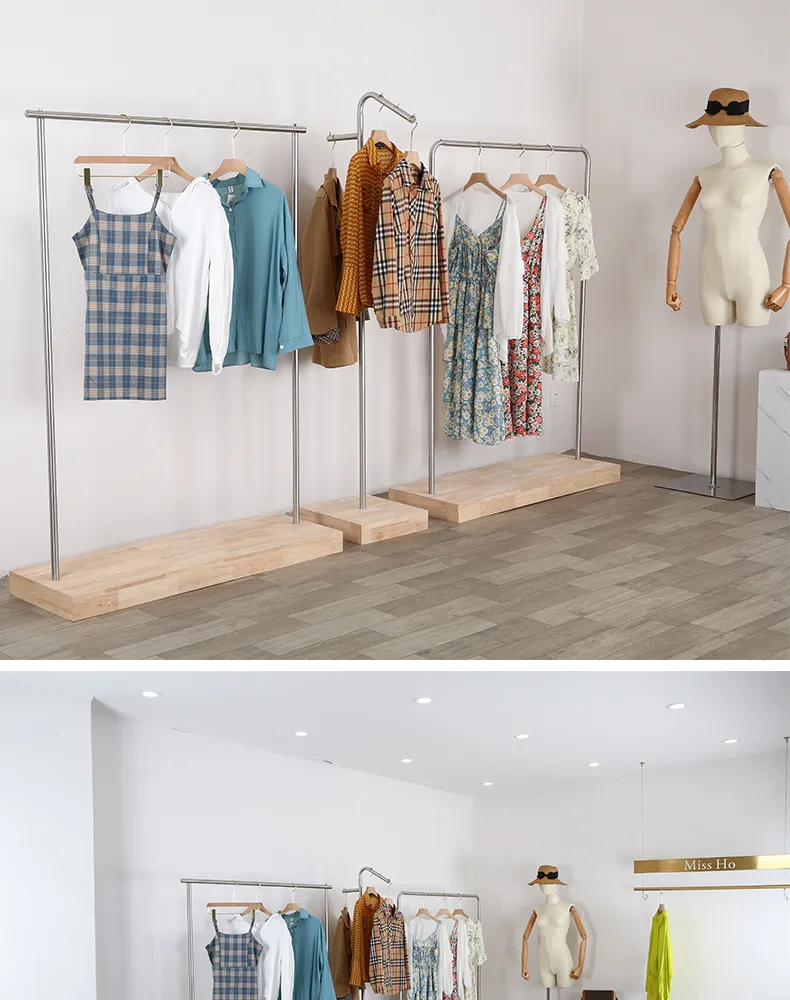 Clothing store display-rack log stainless steel Gold plating floor hanger rack Wood Material