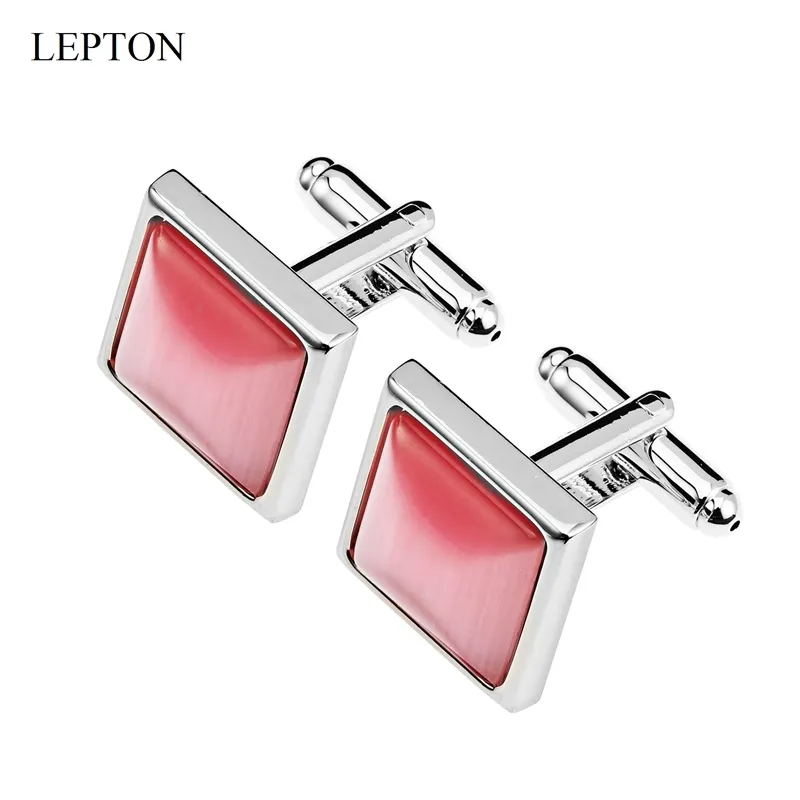 LEPTON Pink Cat Eye Stone Cufflinks for Mens Shirt Cuffs Cufflink Square Fashion Women Cuff links Relojes gemelos Best Gift