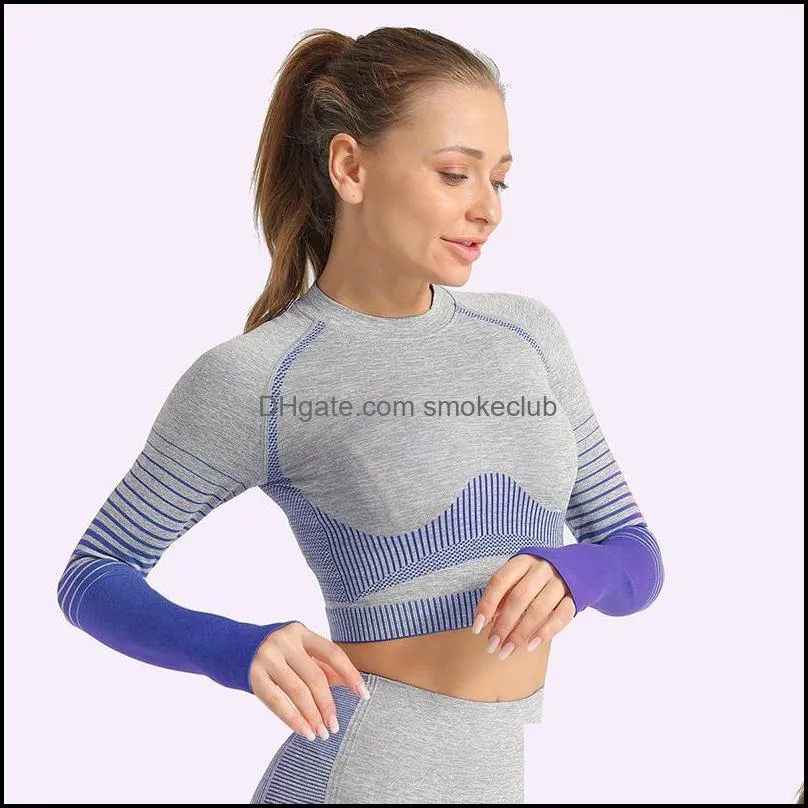 Seamless Yoga Set Striped Long Sleeve Top High Waist Sport Leggings Running Clothes Women Tight Yoga Set Fitness Sport Suit
