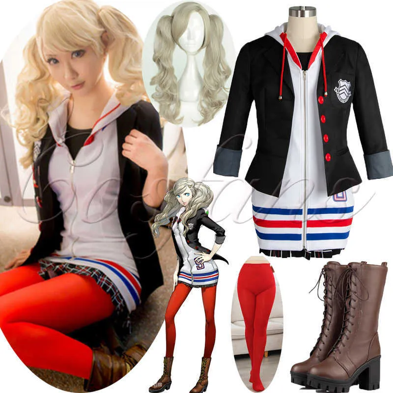 Anime Persona 5 Anne Takamaki Cosplay Kostümleri Peruk Ayakkabı Noel Cadılar Bayramı Cosplay Ceket Ceket Elbise Etek Üniformaları Tam Y0903