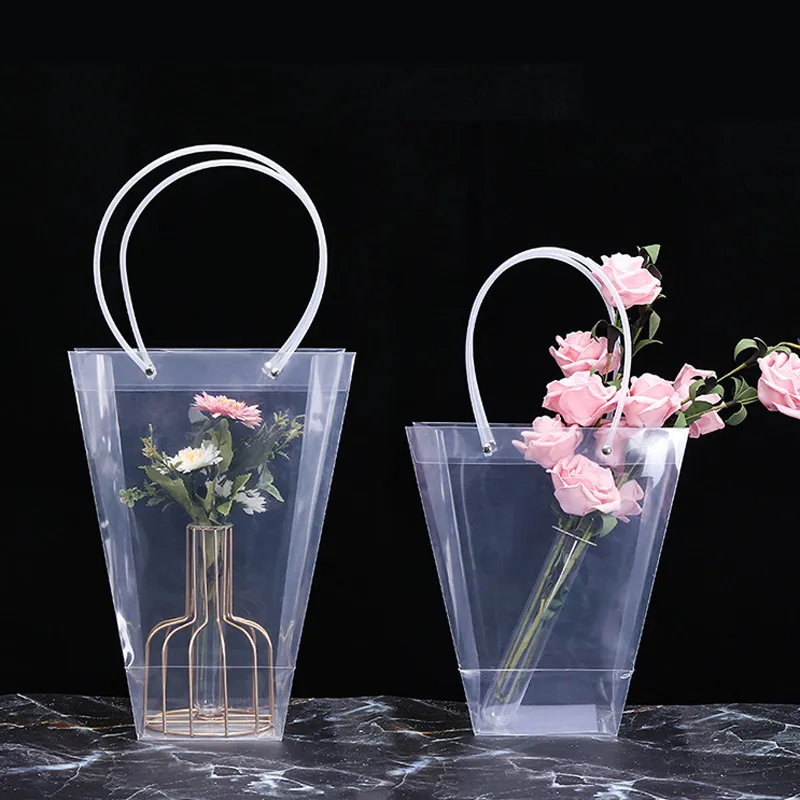 Trapezoidal Waterproof Transparent Gift Bag Plastic PVC Flower Shop Packaging Bag Party Holiday Flower Bags Wholesale