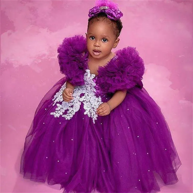 Ruffles Cap Sleeve Flower Girl's Dresses Sheer Lace Applique Beading Pageant Gowns Tulle Girl Birthday Party Dress