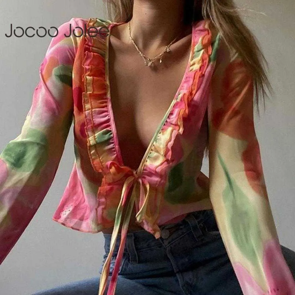 Jocoo Jolee Women Summer Y2K Sexig snörning utskrift Mesh Lace Vintage Party T-shirt Ruffle långärmad V-Neck Club Tops 210619