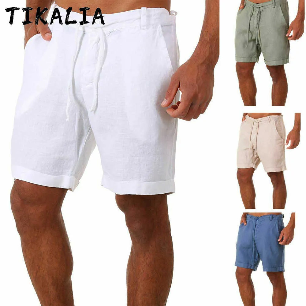 Mannen Zomer Shorts Katoen Beach Mens Mode Ademend Dun Lichtgewicht Trekkoord Korte Broek Solid Color Cool 210714