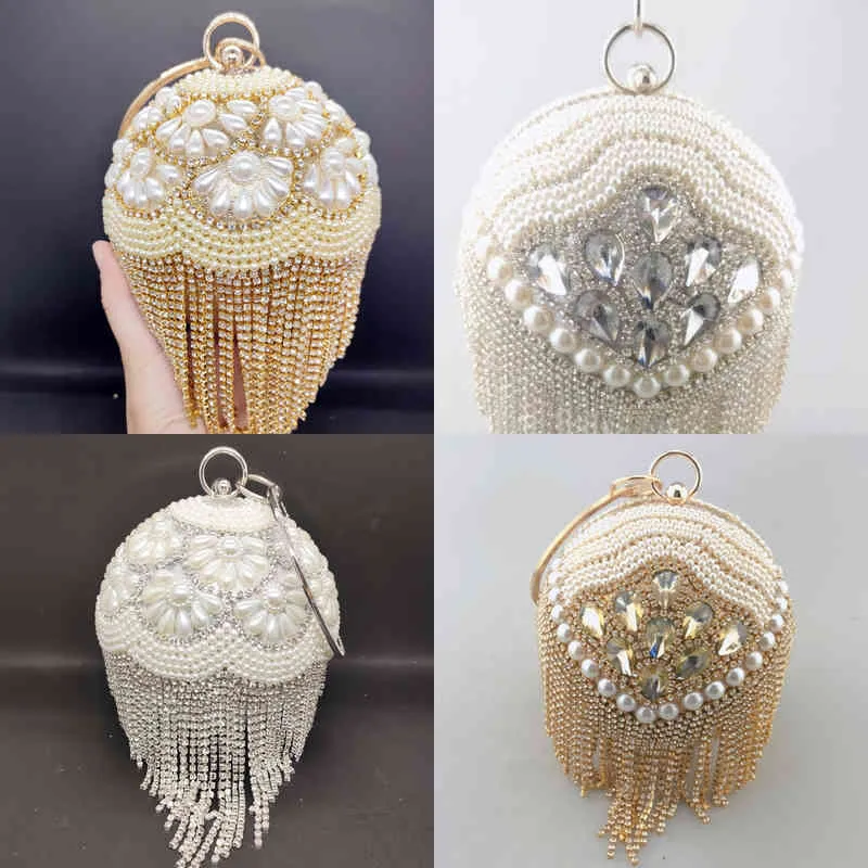 Nxy Handbag Dg Peaflow Round Circular Gold Diamond Tassel Bridal Women Evening Party Crystal Clutch Bag Wedding Wristlets Purse 0214