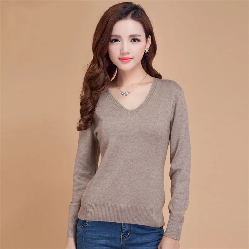 Solid Färg Mode Kvinnors Kort Ulltröja Höst och Vinter V-Neck Pullover Cashmere Long-Sleeved Sweater 210805