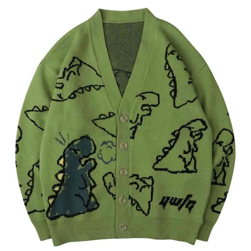 Hip Hop Mens Knitted Sweater Doodle Dinosaur Pattern Harajuku Oversize Streetwear Loose Cardigan Pullover Men Women Coat 210812