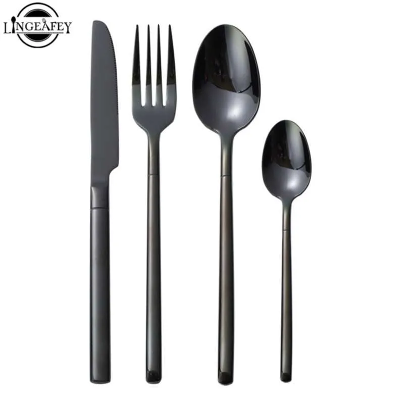 Black Steel Cutlery Set Tableware Gold Forks Knives Spoon Service Restaurant Stainless Kitchen Travel Drop 210928