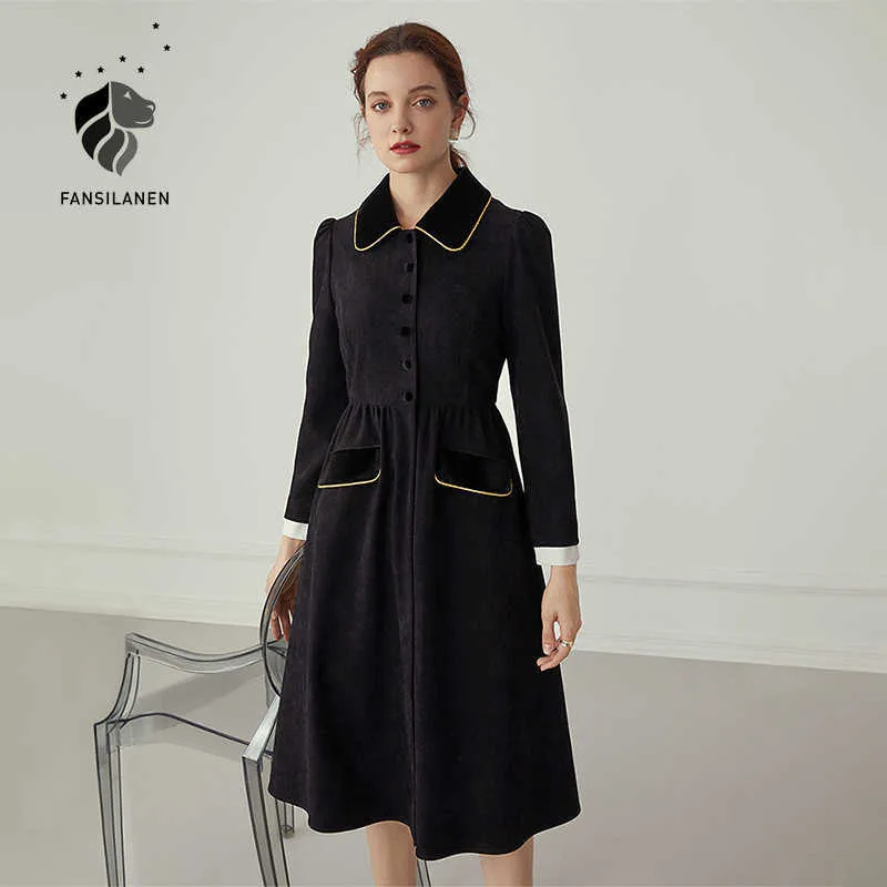 FANSILANEN Vintage slim long black dress Women velvet puff sleeve shirt Autumn winter french elegant party club 210607