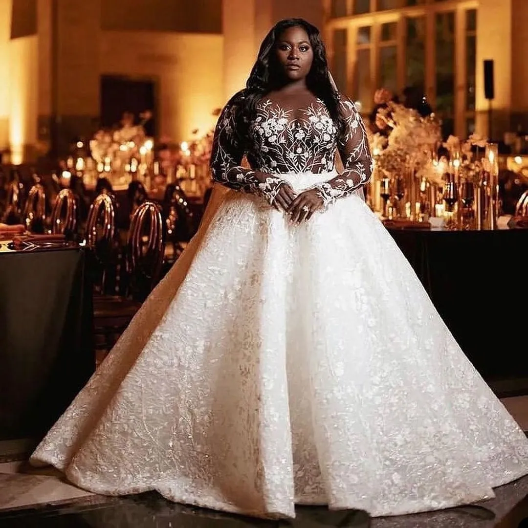 African Plus Size Wedding Dresses See Thru Lace Applique Bridal Gowns Customise Long Sleeve Spring vestido de novia