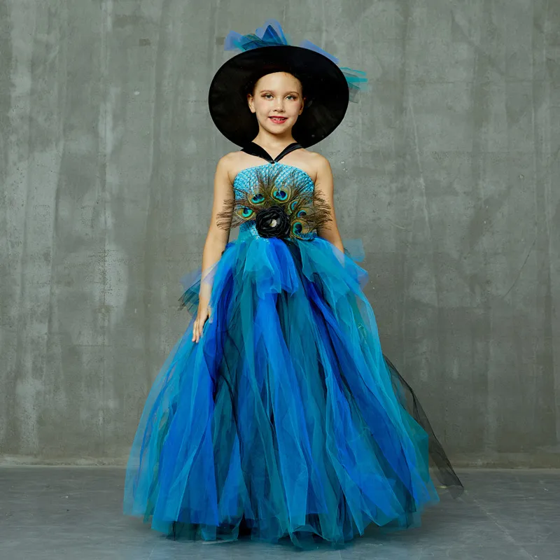 Elegant Peacock Feather Costume Girls Fluffy Layered Peacock Tutu Dress with Witch Hat Kids Pageant Party Ball Gowns Dresses (10)