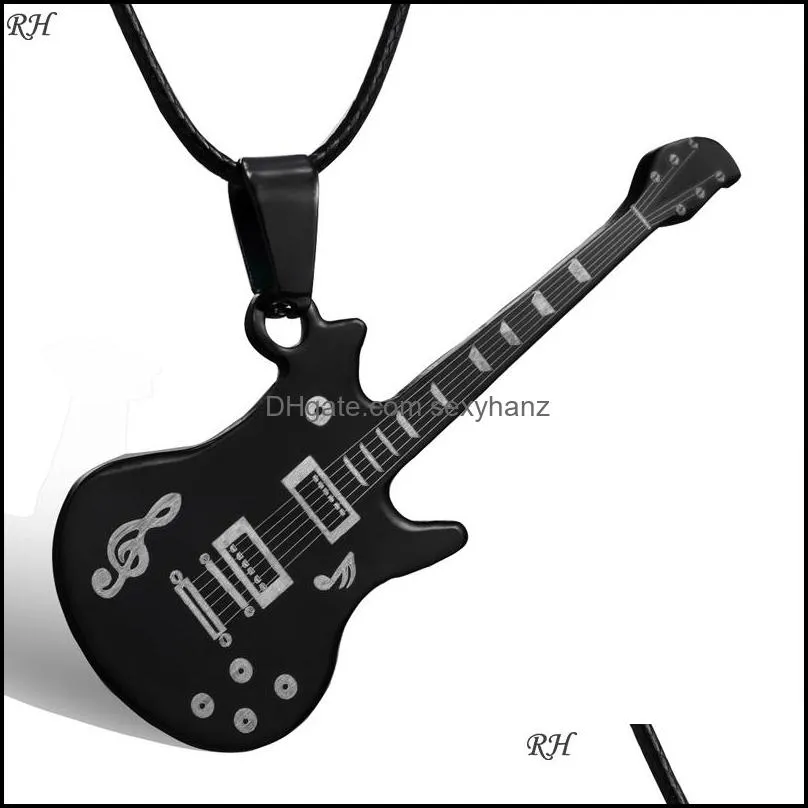 Fashion 316L Stainless Steel Guitar Necklace For Men Pendants Leather Chain Men Necklaces