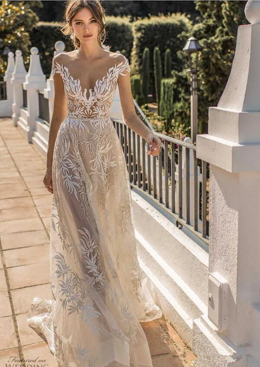 Muse di Berta Abiti da sposa fuori dalla spalla A Line Bottone Indietro Illusione Boho Abiti da sposa su misura Abito da sposa Plus Size 4295