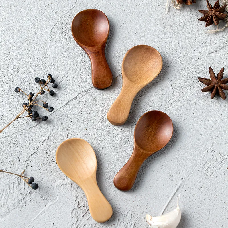10Pcs Mini Kitchen Spoons Small Wood Tea Coffee Scoop Salt Spice Seasoning Spoon Short Handle Wooden Spoon Kitchen Accessories