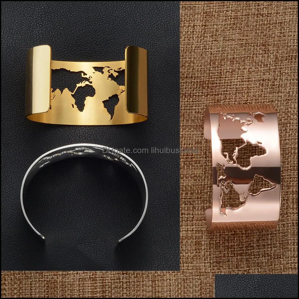 World Map Cut-out Cuff Bangles Travel Peace Jewelry 35mm Wide Laser Engrave High Polished Stainless Steel Circle Angle Bracelets Y1126