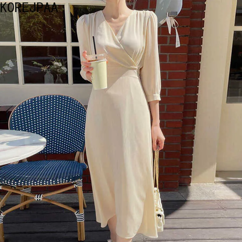 コレヒパアの女性のドレス夏のフランスの気質穏やかなVネッククロスバンドウエストソリッドカラー3四半期スリーブVestidos 210526