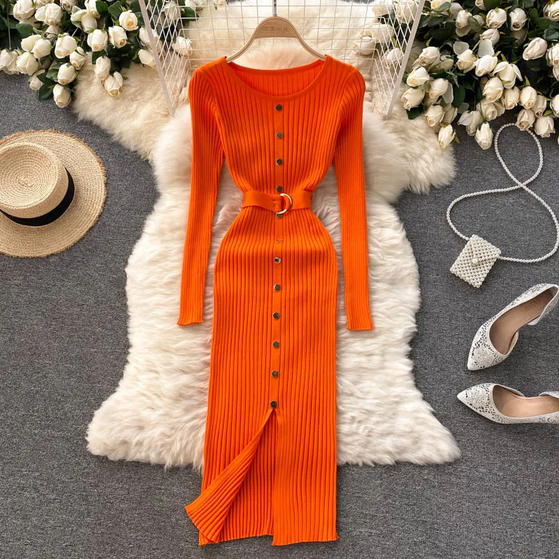 Autumn Sweater Women Dresses Solid O-neck Long Sleeve Bodycon Midi Dress Button Deco Front Split Work Party Knit 2021