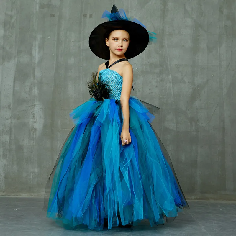 Elegant Peacock Feather Costume Girls Fluffy Layered Peacock Tutu Dress with Witch Hat Kids Pageant Party Ball Gowns Dresses (1)