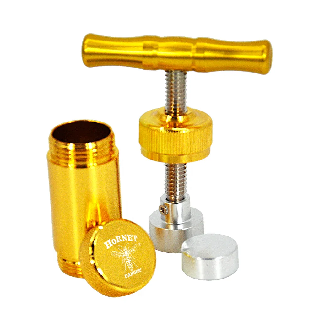 „HORNET“-Presswerkzeug, konstruierter Messingzylinder, robustes Metall, T-Form, Gewürz-, Pollen- und Tinkturzerkleinerer, silberfarben