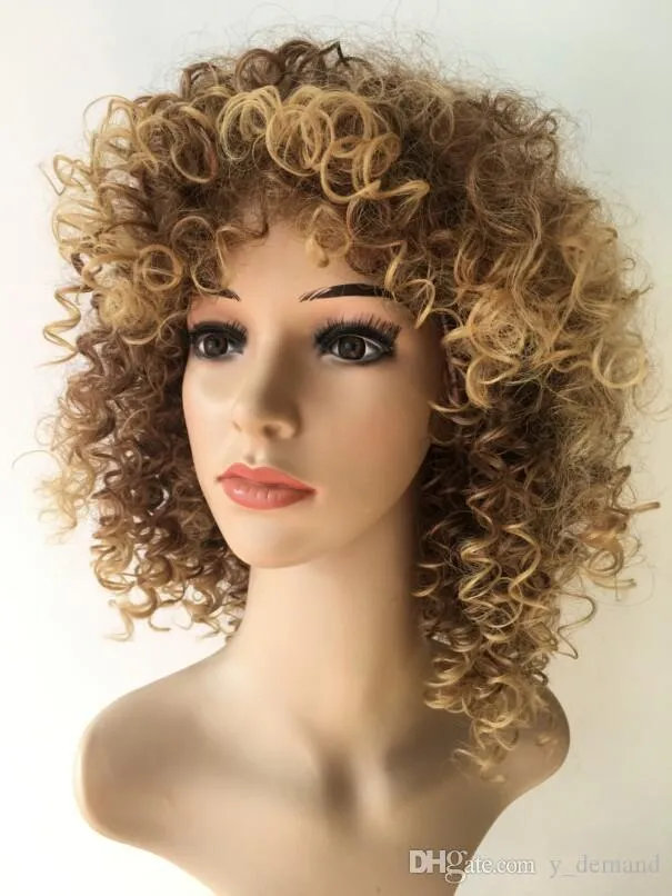 Newest Ombre Short Brown Fluffy Kinky Curly Hair Afro Wig Siulation Brazilian Human Hair Wigs Full Wigs In stock Y demand