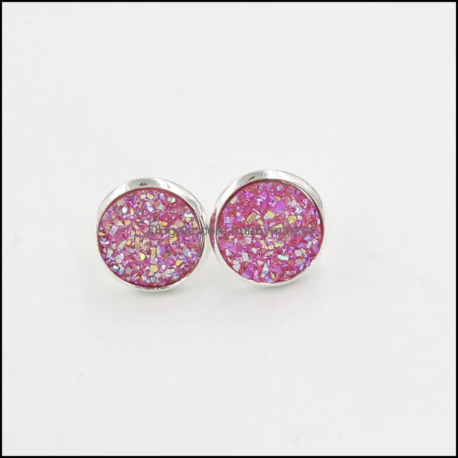 30 colors 12MM Round druzy stone Stud Earrings Natural drusy stone Silver Plated Earrings For women & Ladies Fashion Jewelry Gift