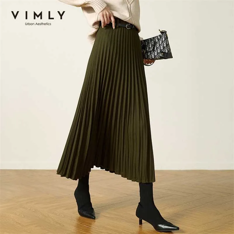 Vimly Winter Pleated Skirt For Women Fashion High Waist Solid A Line Ladies Skirts Elegant Mujer Faldas Autumn Bottoms F5009 211120