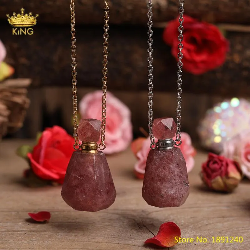 Natural Strawberry Quartz Gold Silvery Perfume Bottle Pendant Necklace For Women Crystal Essential Oil Diffuser Bottle Jewelry