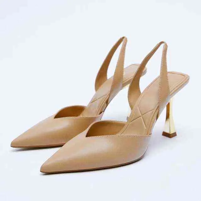 Za 2021 Metallic Slingback High Heeled Shoes Women Sexy V-cut Vamp Party Pump Woman Fashion Long Pointed Toe Heels Black Sandals H1126