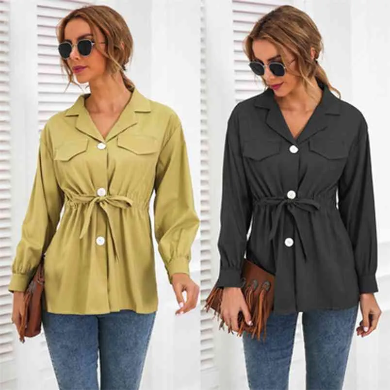 Turn-down Collar Single Breasted Tunic Lace Up Shirt Lanter Sleeve Loose Lady Casual Tops Korean Fashion Blouse Streetwear Black 210604