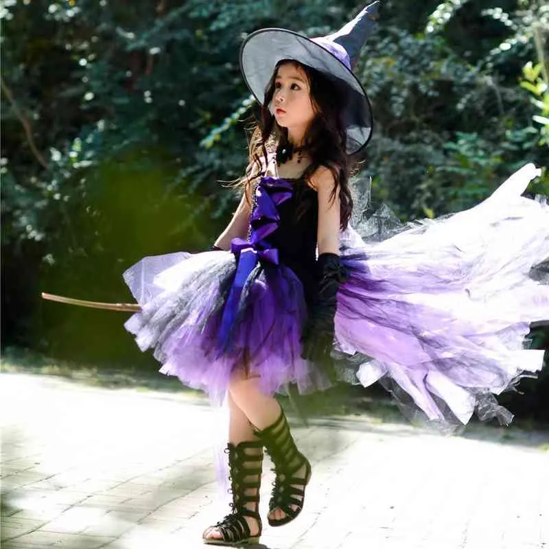 Paars Kids Meisjes Halloween Fairy Party Jurken met Hoed Zwarte Heks Peuter Baby Meisjes Verjaardag Cosplay Kostuums Kinderen Jurk G1218