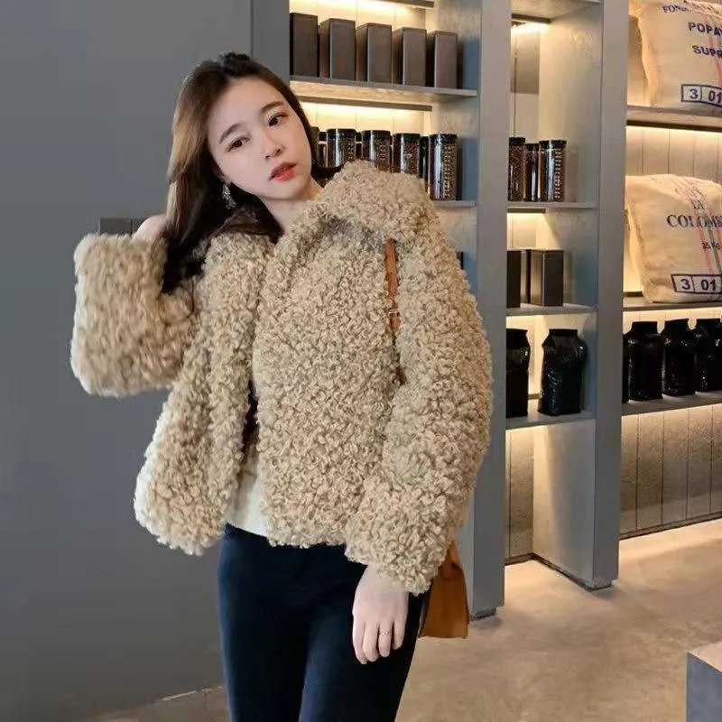 여성 모피 가짜 한국 여성 양고기 재킷 2021 가을과 겨울 패션 따뜻한 짧은 양모 스웨터 캐주얼 숙녀 작은 윈드 브레이커