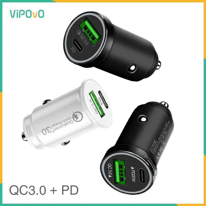 Vipovo mini pd20w + qc3.0 bil laddning snabb USB för iPhone 8 11 12 Xiaomi Huawei Samsung iPad Snabb laddning Moible Phone PD Laddare