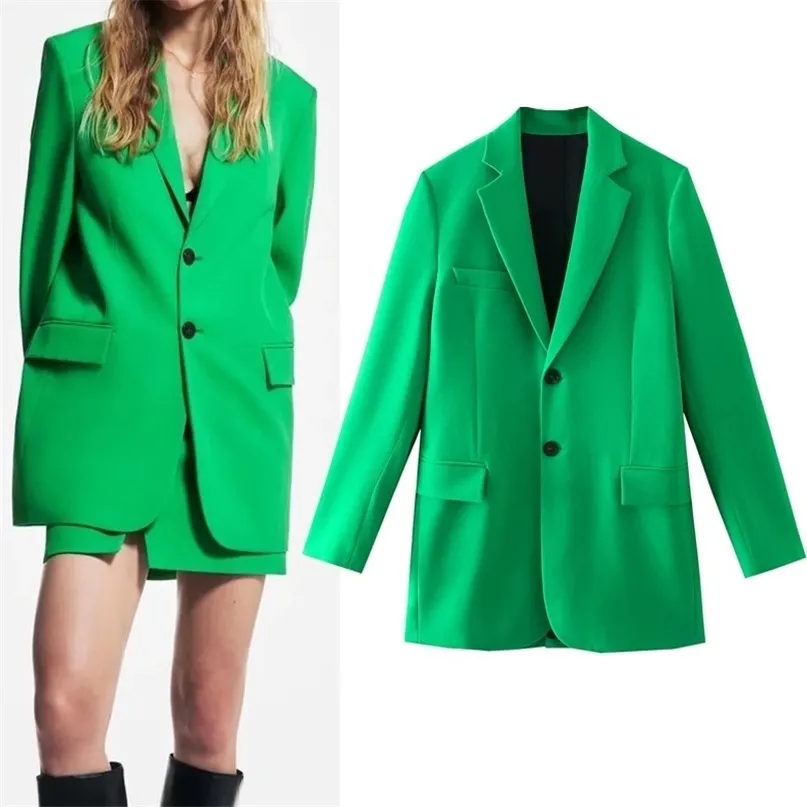 TRAF GREEN BLAZER Women Za Elegant Office Long Jacket Sleeve Höst Oversize Suit Knapp Kvinna 211122