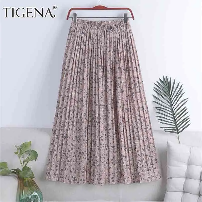 TIGENA Chiffon Long Pleated Skirt Women Fashion Summer Floral Print Holiday A Line High Waist Maxi Female Aesthetic 210619