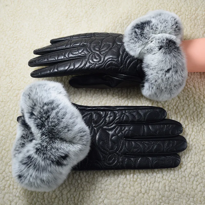 Guanti in pelle per touch screen invernale femminile Bocca in pelliccia di coniglio Rex Caldi guanti in pelle di pecora da esterno antivento