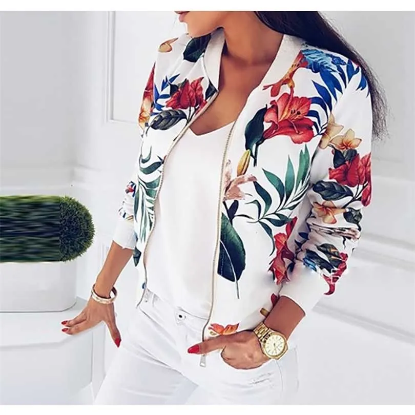 Jesień Zima Print Bomber Jacket Kobiety Kwiaty Zipper Up Retro Płaszcz Z Długim Rękawem Podstawowy Plus Rozmiar Krótki Kurtki Rowerzysta Kobieta 211014