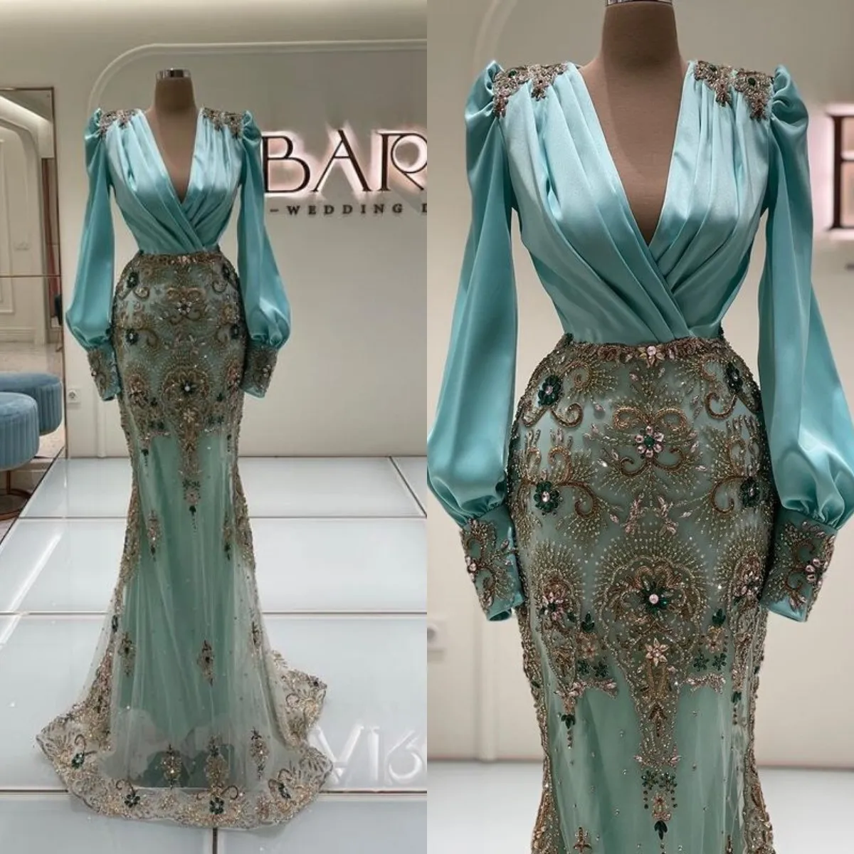 Luxury Beading Mermaid Prom Dresses Long Sleeve Sexy Deep V Neck Evening Dress Party Wear Sweep Train Gowns