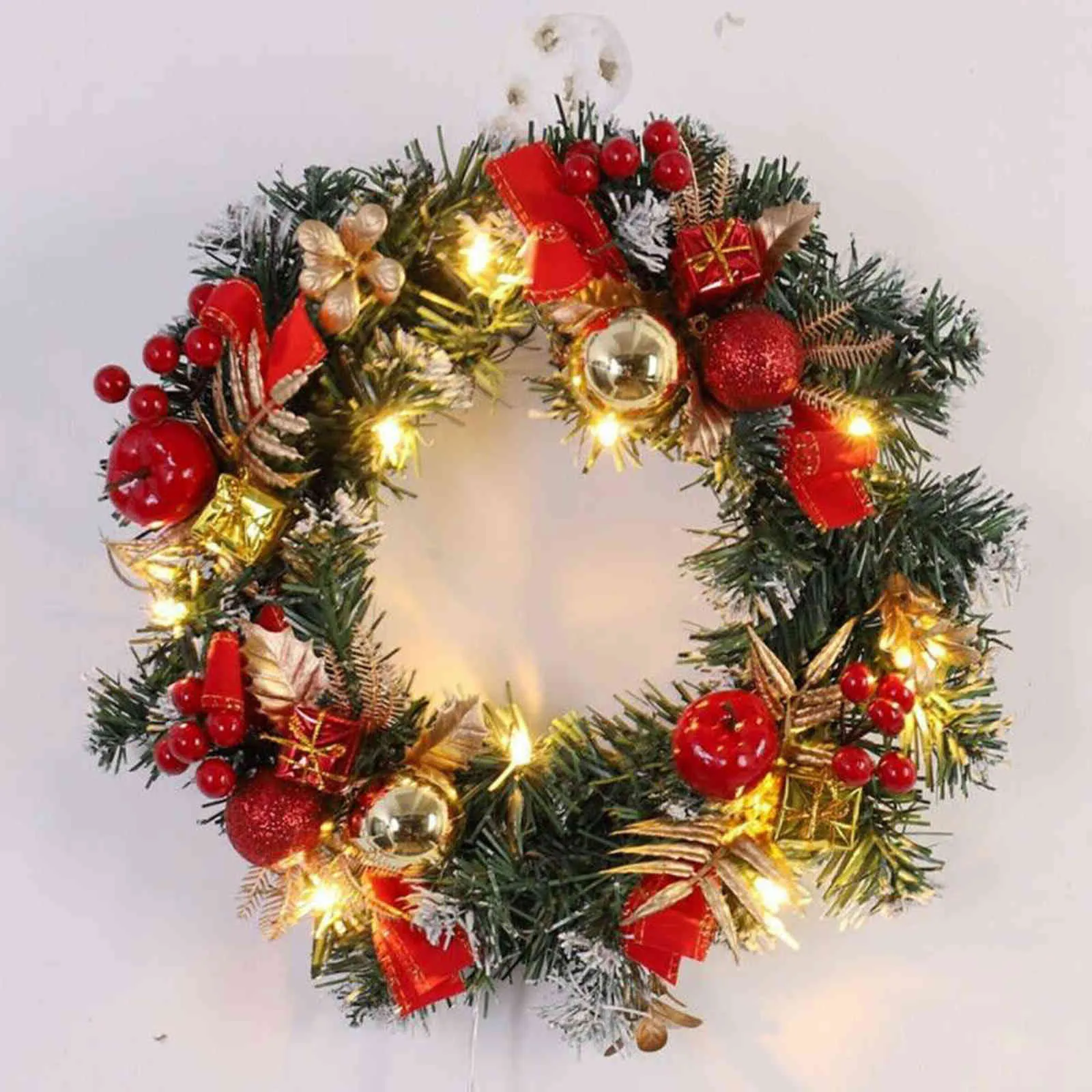 40CM Wreath Arrangement Christmas Ornament Spruce 2022 Christmas Wreath With LED Light Front Door Home Party Hanging Garland 211109