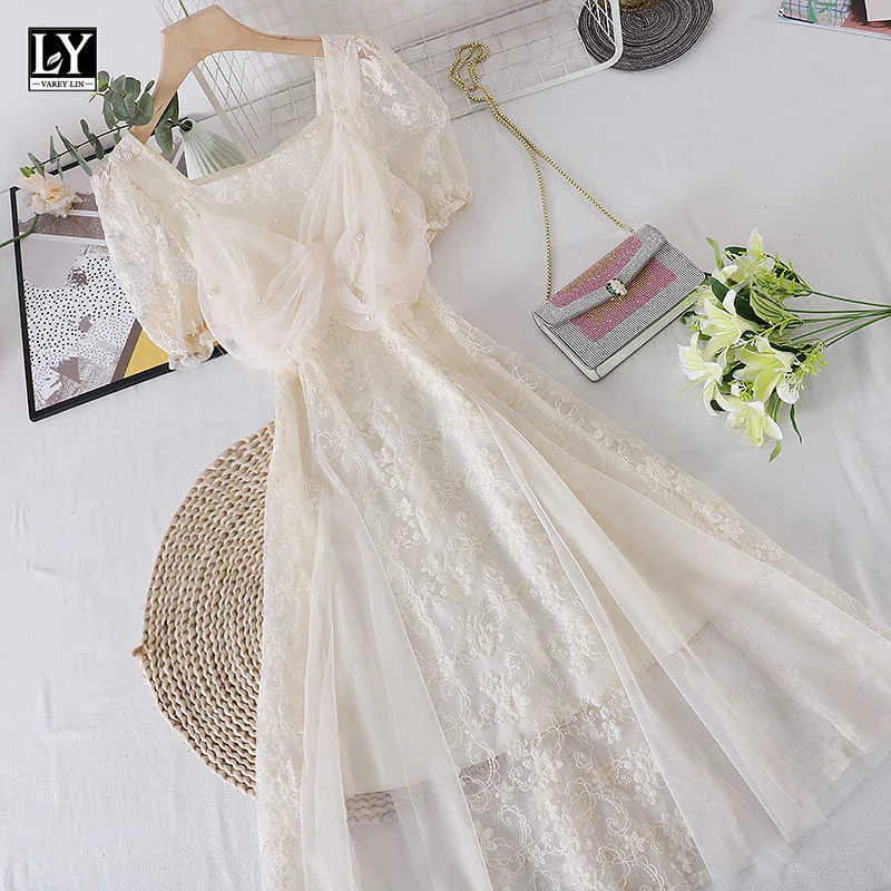 LY VAREY LIN Summer Women Casual Puff Sleeve Solid Color Apricot Female Dresses Sweet Lace Square Collar High Waist 210526