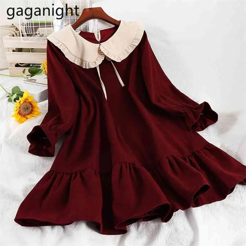 Vintage Frauen Langarm Kleid Frühling Herbst Eine Linie Dame Chic Kleider Peter Pan Kragen Nette Kawaii Vestidos 210601