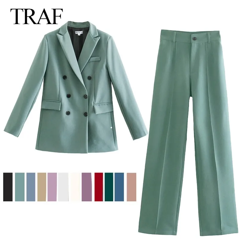 TRAF Za Kobiety Jacktet Double Breasted Notched Blazer Office Garnitur Pantsuit Solidna Długie Rękaw + Spodnie Mujer 211006